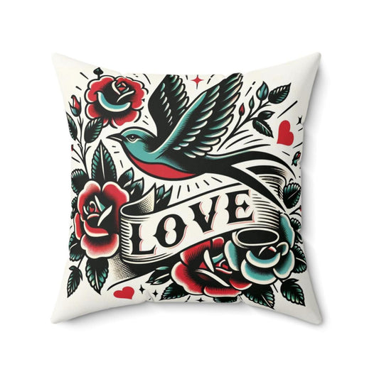 Square Pillow, Vintage Tattoo LOVE Design, Retro Charm, Housewarming Gift, Spun Polyester Cushion Cover, Tattoo Lover, Soft Throw Pillow