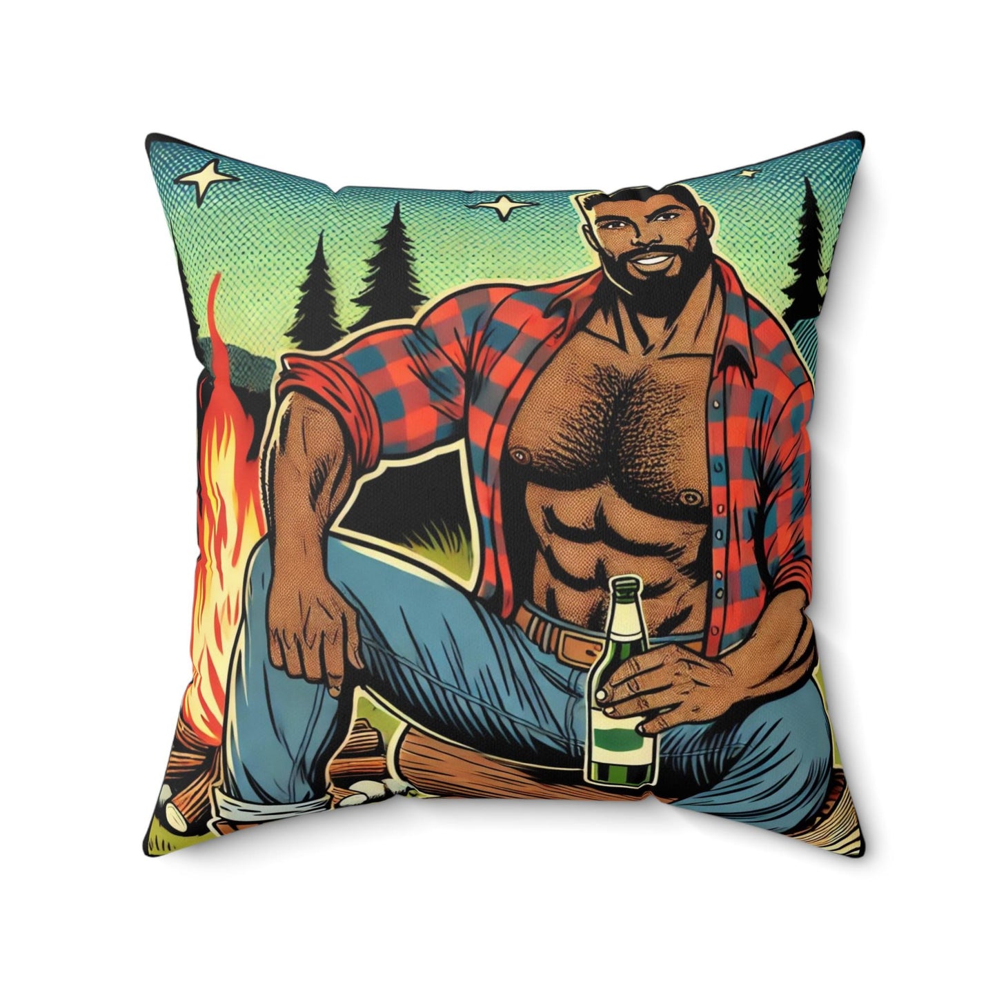 Campfire Daddy Square Pillow, Vintage Pop Art Design, Retro Charm, LGBT Housewarming Gift, Soft Throw Pillow, Gay Rough Trade, Gay Camping