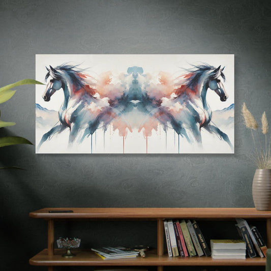 Matte Canvas Print, Original Abstract Watercolor Mirrored Horses Landscape Portrait, Matte Stretched Wall Art, 7 Sizes, Stately Home Decor