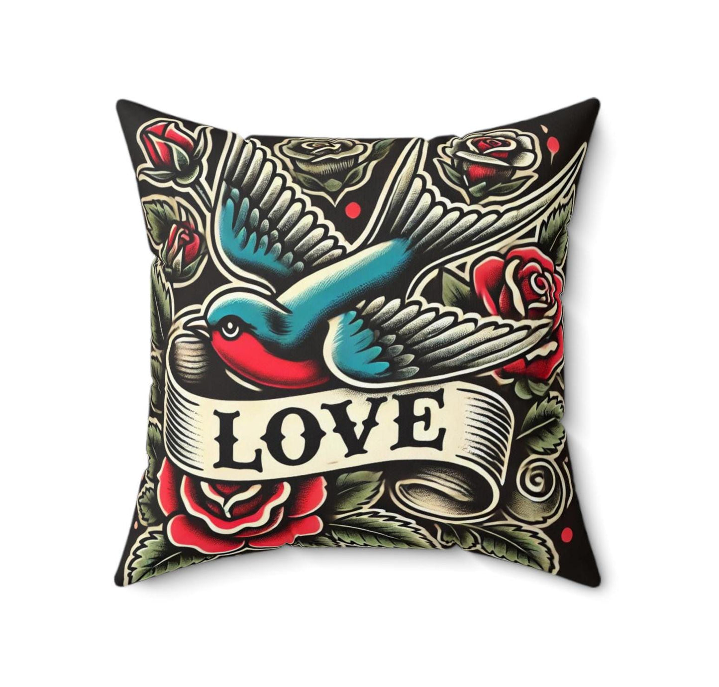 Square Pillow, Vintage Tattoo LOVE Design, Retro Charm, Housewarming Gift, Spun Polyester Cushion Cover, Tattoo Lover, Soft Throw Pillow