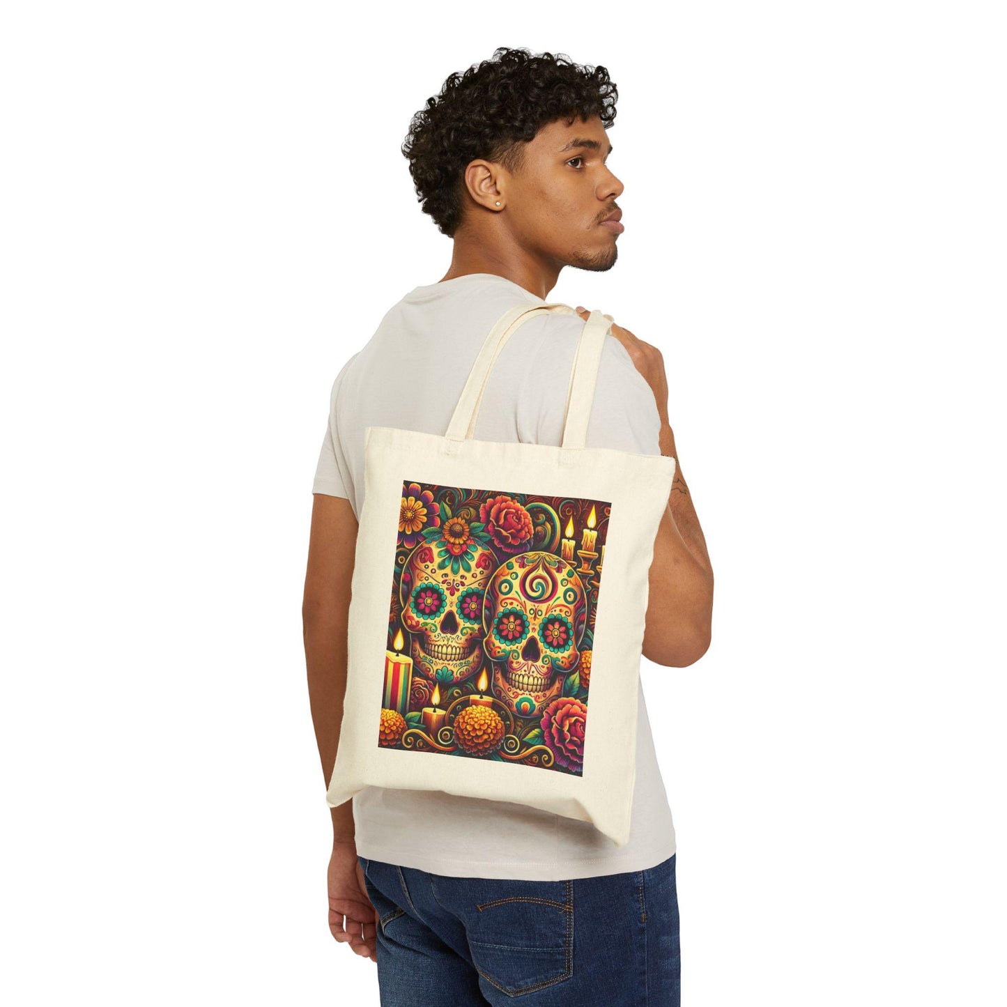 Sugar Skulls Cotton Canvas Tote Bag, Day of the Dead, Durable Market Bag, Boho Shopping Tote, Reusable Grocery Bag, Eco-Friendly Bag