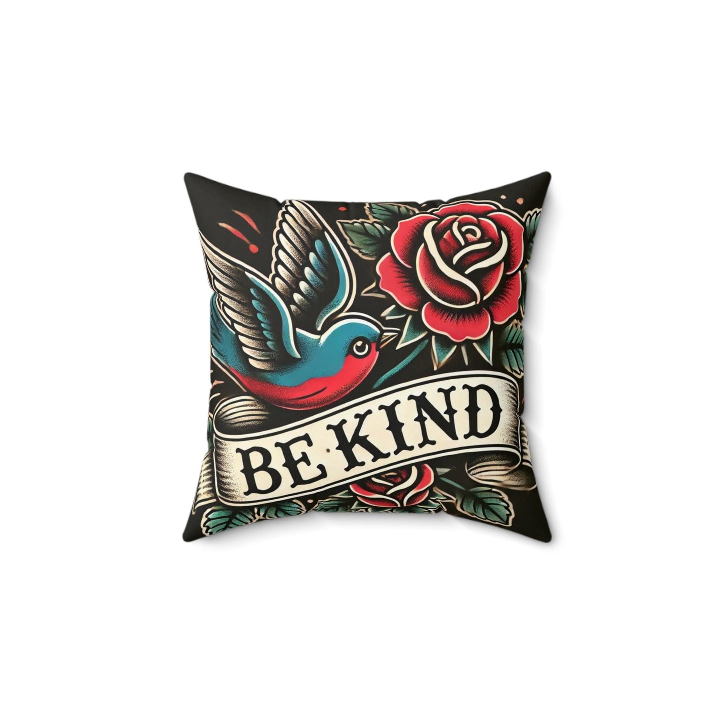 Square Pillow, Vintage Tattoo BE KIND Design, Retro Charm, Housewarming Gift, Spun Polyester Cushion Cover, Tattoo Lover, Soft Throw Pillow