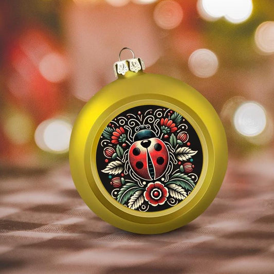 Ornament Set of 2 or 4, Festive Holiday Decor, Christmas Ball Decoration, Custom Ladybug Design, Lady Bug Vintage Sailor Tattoo, Unique Tree