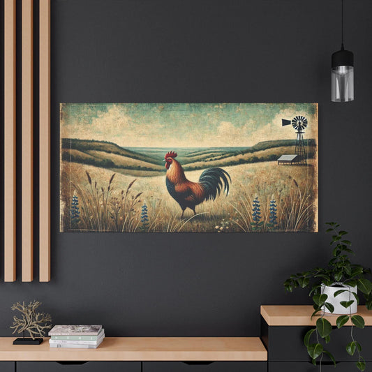 Original Primitive Folk Art Rooster Canvas Print, Matte Stretched Art, 7 Sizes Available, Wall Decor, Landscape Painting, Home Office Decor
