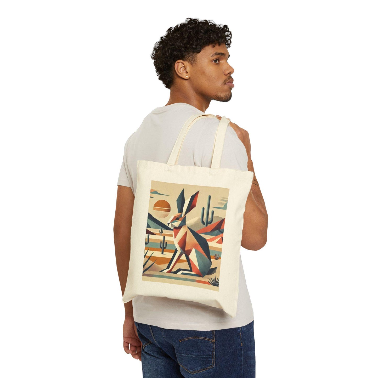 Canvas Tote Bag, Modern Southwestern Rabbit Design, Eco-Friendly Bag, Book Lover Gift, Reusable Grocery Shopping, Cubist Art Bag