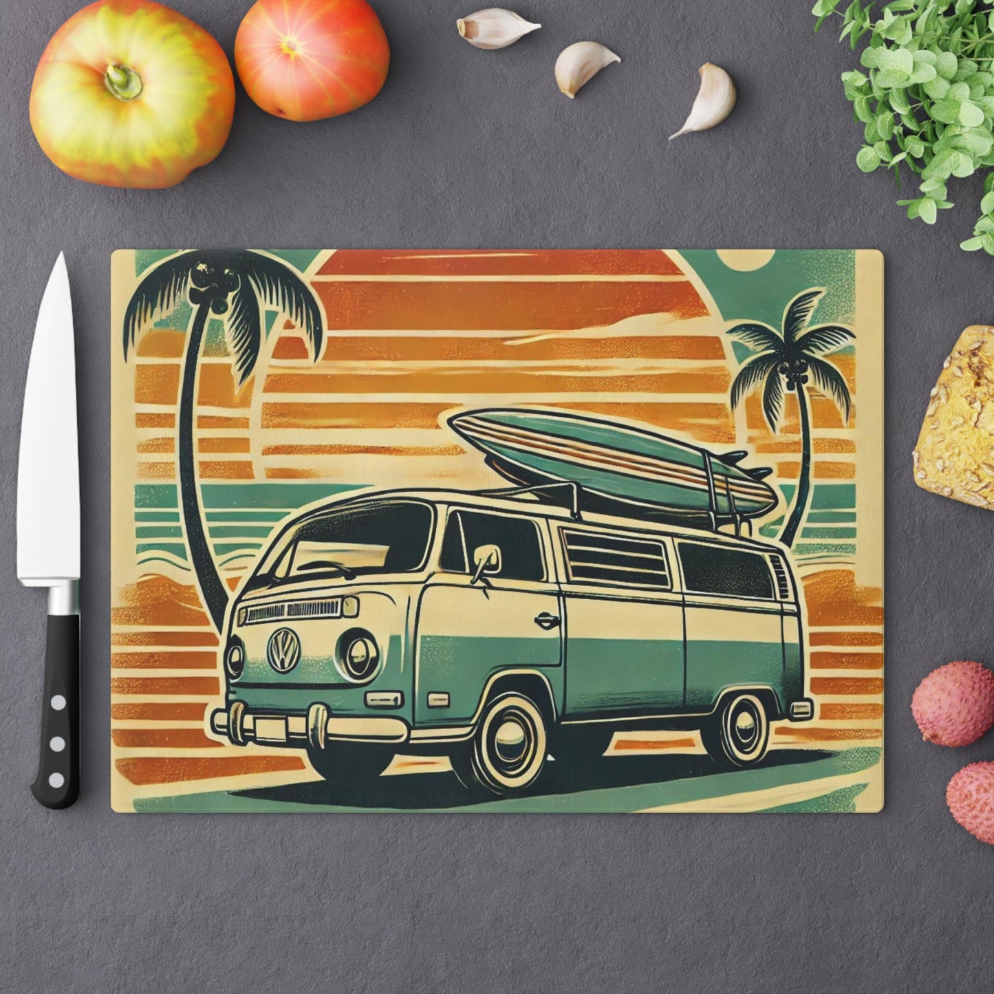 Cutting Board, California Surfer Sunset Custom Design, Kitchen Home Decor, Unique Housewarming Gift, Foodie Chef Gift, Volkswagen Van