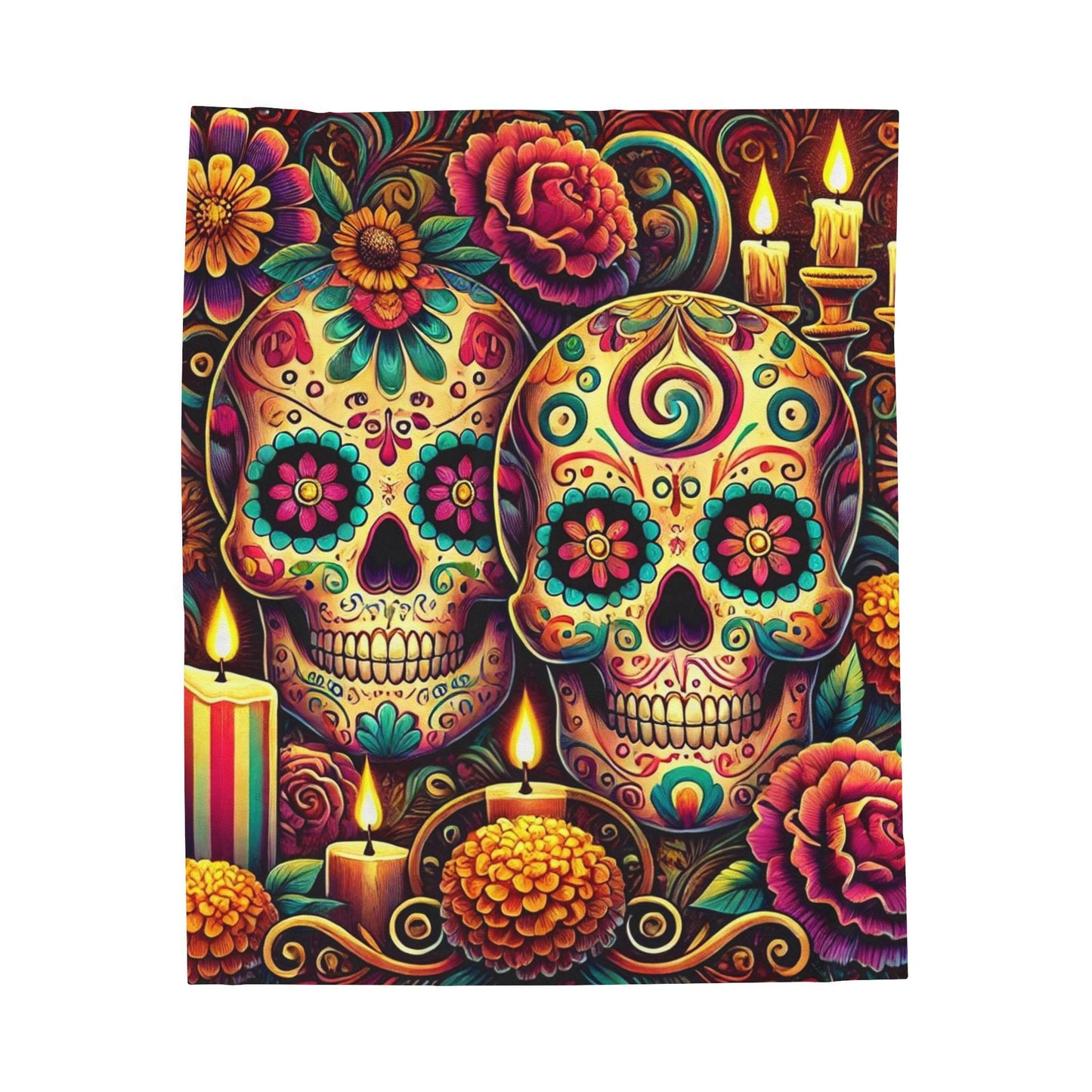 Plush Blanket, Day of the Dead, Sugar Skulls, Housewarming Gift, Soft Fleece Throw, Warm Bedding, Velveteen Blanket, Home Decor, Halloween