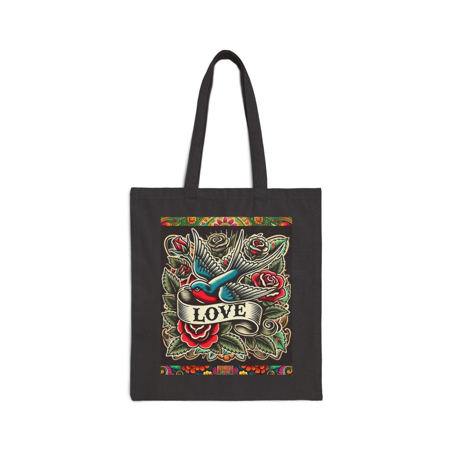 Bird Tote Bag, LOVE Vintage Tattoo Design, Durable Market Bag, Tattoo Lover Gift, Reusable Grocery Bag, Eco-Friendly, Canvas Tote, Nature