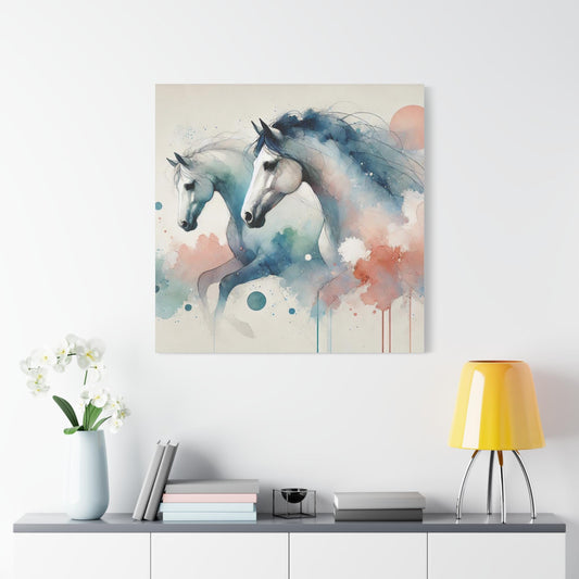 Modern Canvas Print, Abstract Watercolor Running Horses Portrait, Stylish Housewarming Gift, Matte Canvas Wall Art, Stately Animal Decor