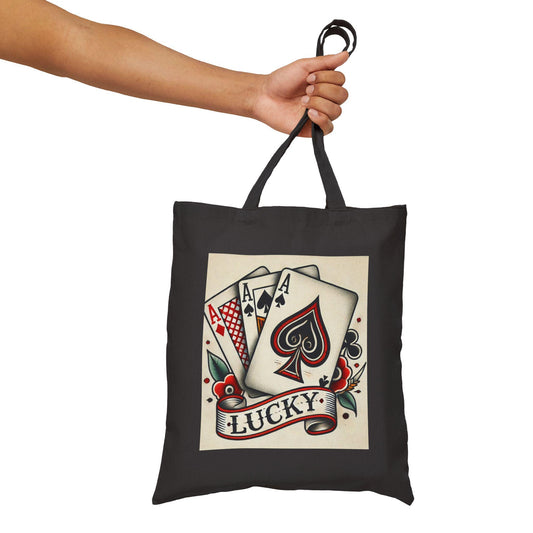 Playing Cards Tote Bag, LUCKY Vintage Tattoo Design, Durable Market Bag, Tattoo Lover Gift, Reusable Grocery Bag, Eco-Friendly, Canvas Tote