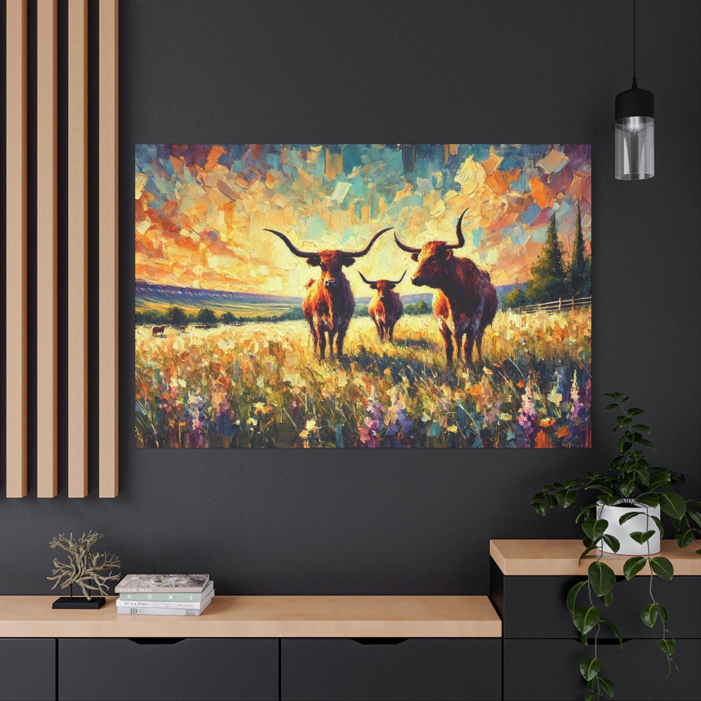 Original Texas Hill Country Longhorn Canvas Print, Matte Stretched Art, 7 Sizes Available, Wall Decor, Landscape Painting, Home Office Decor