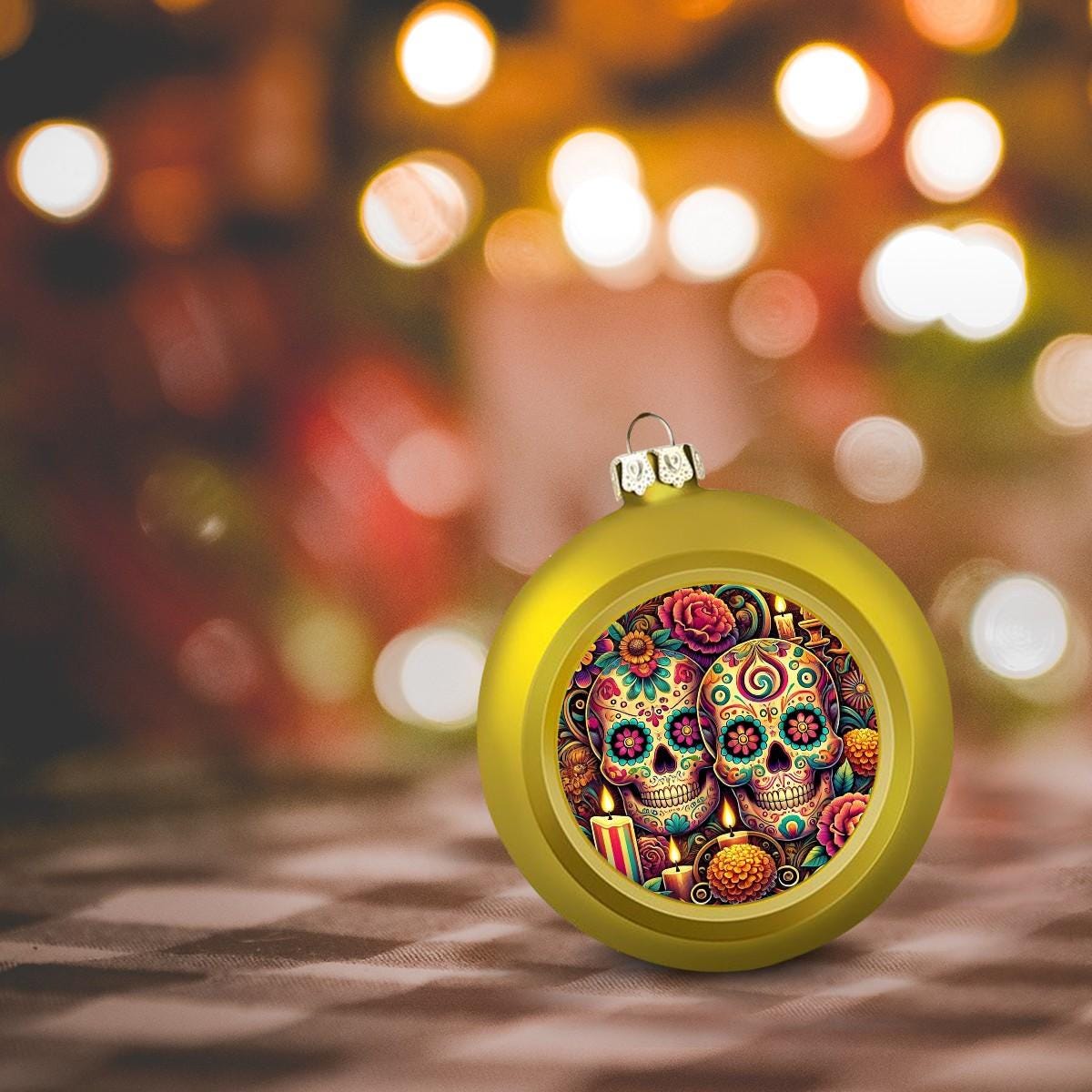 Ornament Set of 2 or 4, Festive Holiday Decor, Christmas Ball Decoration, Custom Sugar Skulls Design, Dia de los Muertos, Unique Tree Trim