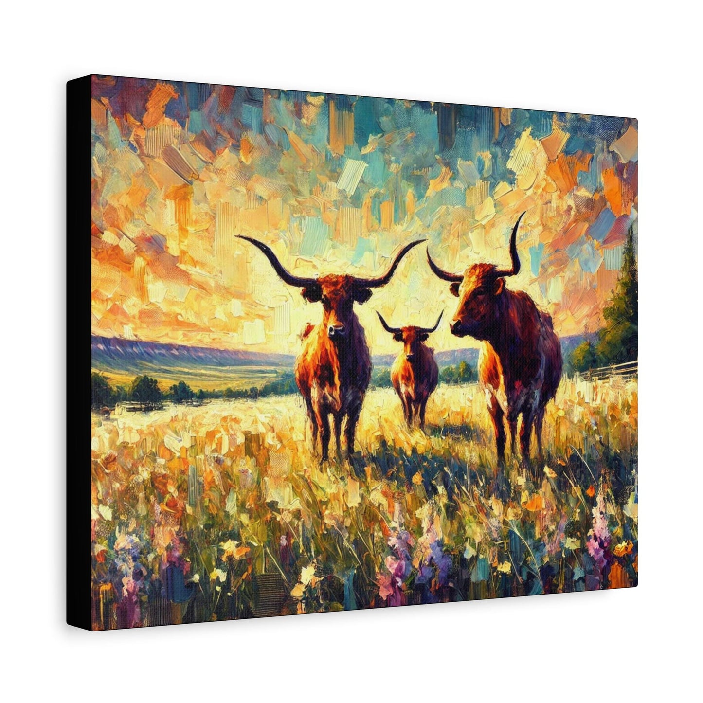 Original Texas Hill Country Longhorn Canvas Print, Matte Stretched Art, 7 Sizes Available, Wall Decor, Landscape Painting, Home Office Decor