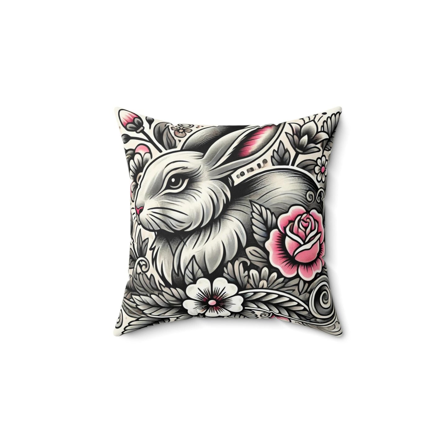 Rabbit Square Pillow, Vintage Tattoo Design, Retro Charm, Housewarming Gift, Spun Polyester Cushion Cover, Nature Lover, Throw Pillow