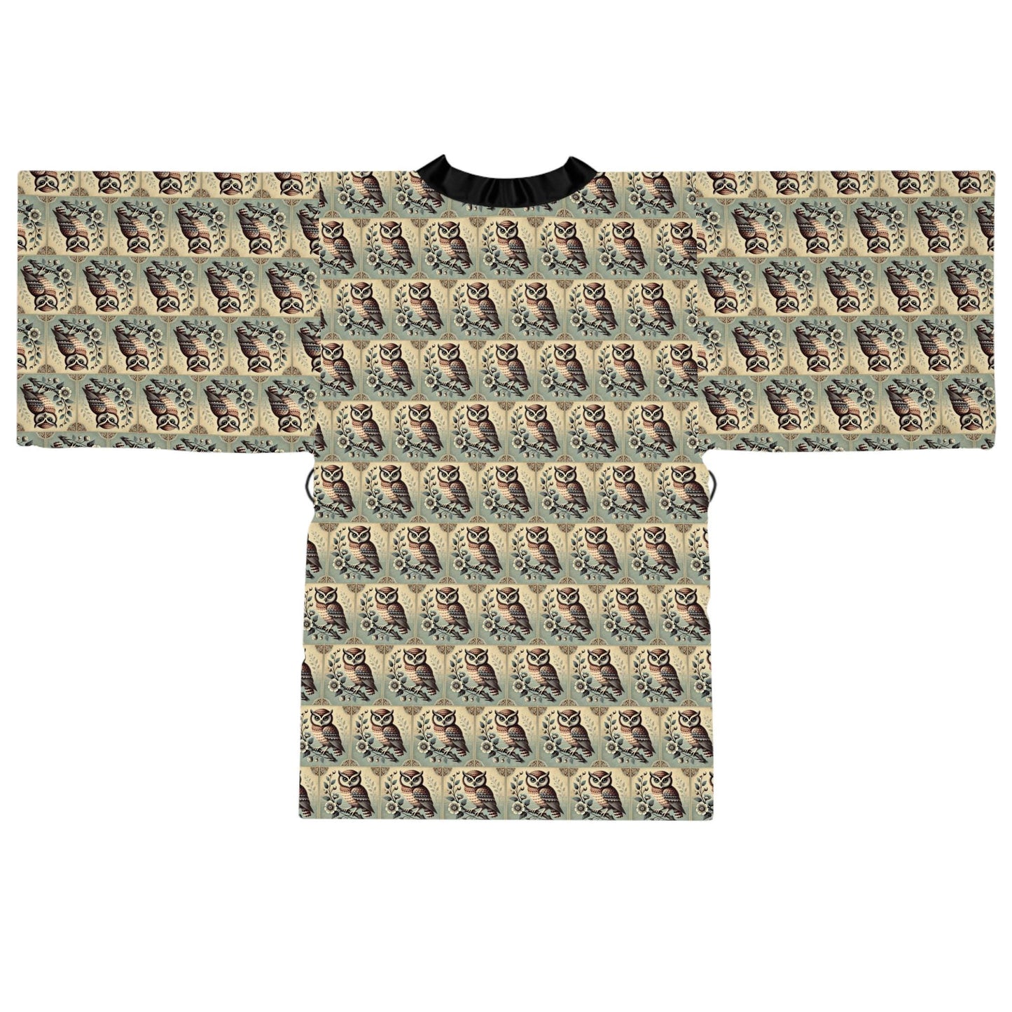 Kimono-Style Robe, Blue Owl Design, Elegant Long Sleeve Cover Up, Loungewear in Black or White Trim, Romantic Anniversary Gift