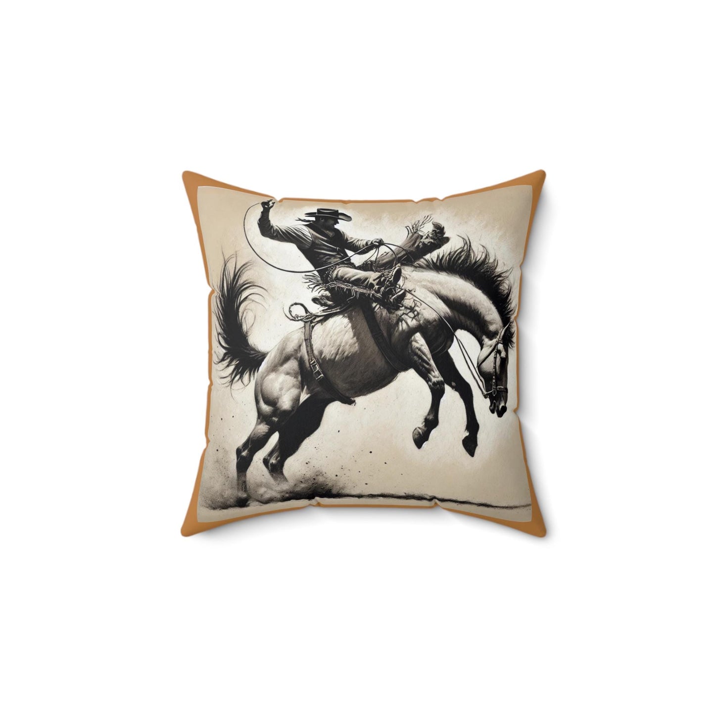 Square Throw Pillow, Charcoal Sketch Cowboy Bucking Bronco Original Design, Retro Western Charm, Rustic Home Decor Housewarming Gift