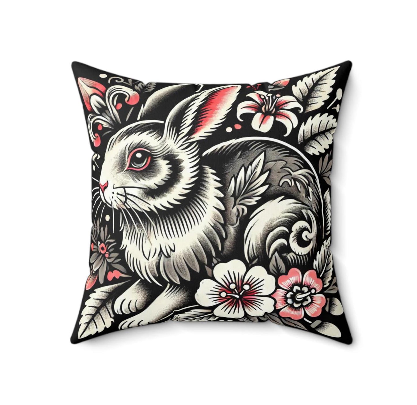 Rabbit Square Pillow, Vintage Tattoo Design, Retro Charm, Housewarming Gift, Spun Polyester Cushion Cover, Nature Lover, Throw Pillow