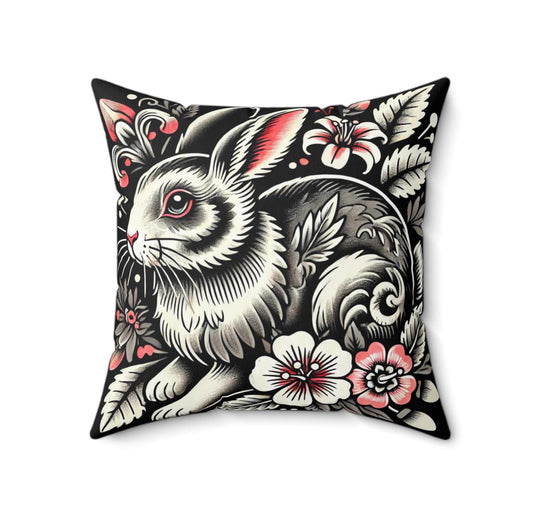 Rabbit Square Pillow, Vintage Tattoo Design, Retro Charm, Housewarming Gift, Spun Polyester Cushion Cover, Nature Lover, Throw Pillow