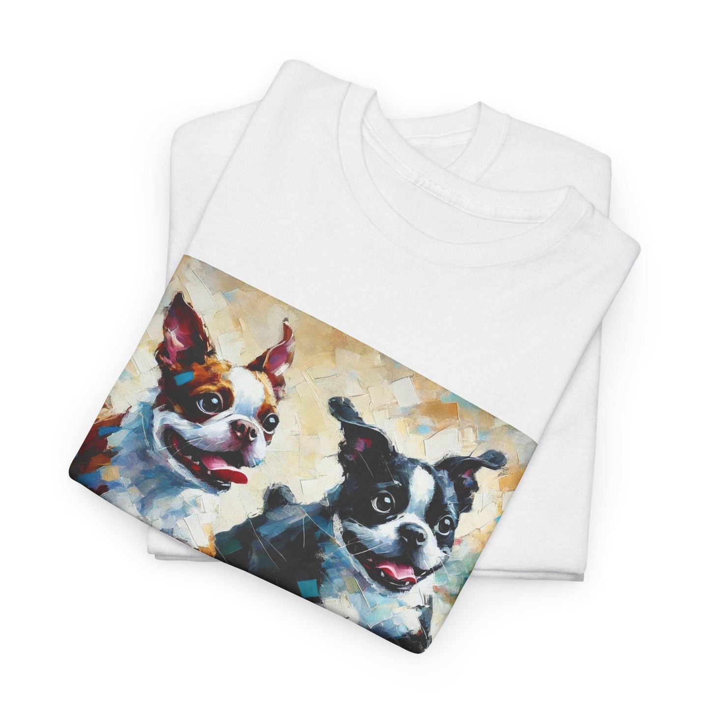 Dog Tee, Boston Terrier Impressionist Design, Boston Dog Lover Gift, Graphic Top Unisex Heavy Cotton T-shirt, 7 Colors 8 Sizes