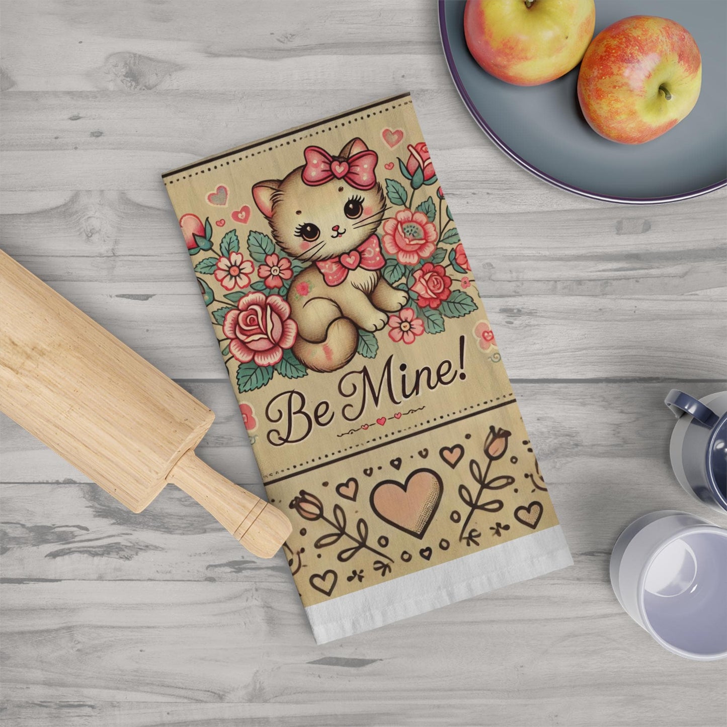 Valentine's Tea Towel - Cute Vintage-Style Kitten Be Mine Floral Design, Rustic Dish Towel, Holiday Farmhouse Kitchen Towel, Sweetheart Gift