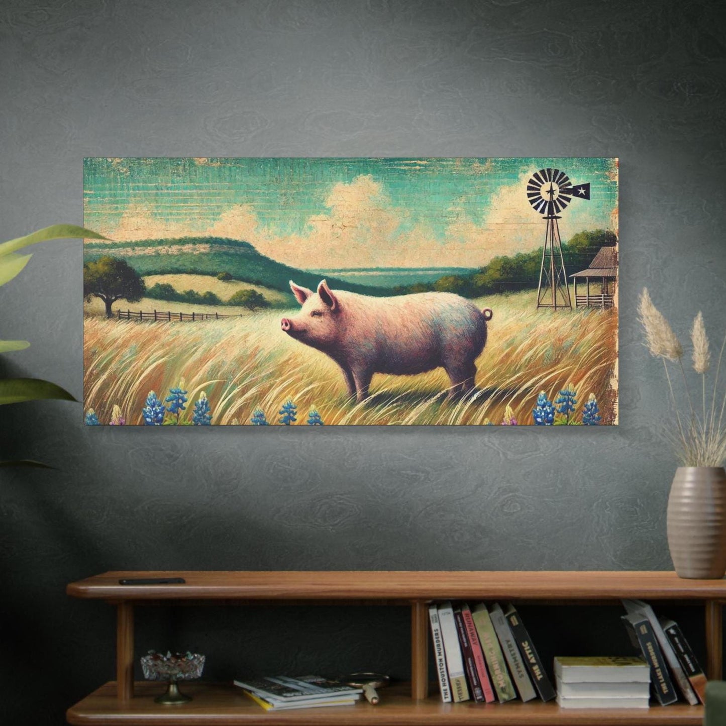 Original Primitive Folk Art Pig Canvas Print, Matte Stretched Wall Art, 7 Sizes Available, Landscape Painting, Home Office Decor, Pig Lover