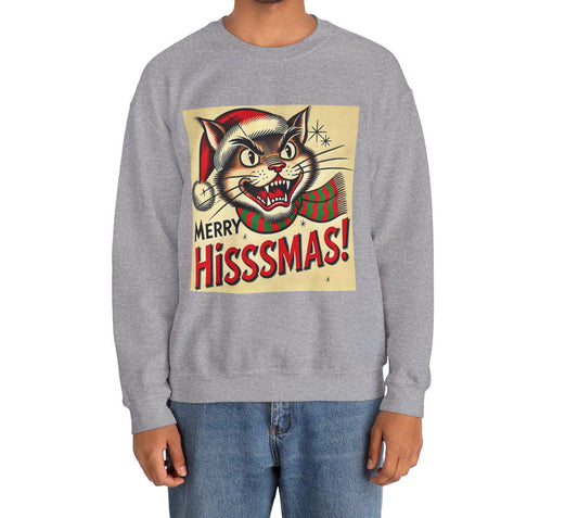 Funny Christmas Cat Unisex Heavy Blend™ Crewneck Sweatshirt, Merry HIsssmas, Cat Lovers Gift, Cat Parents