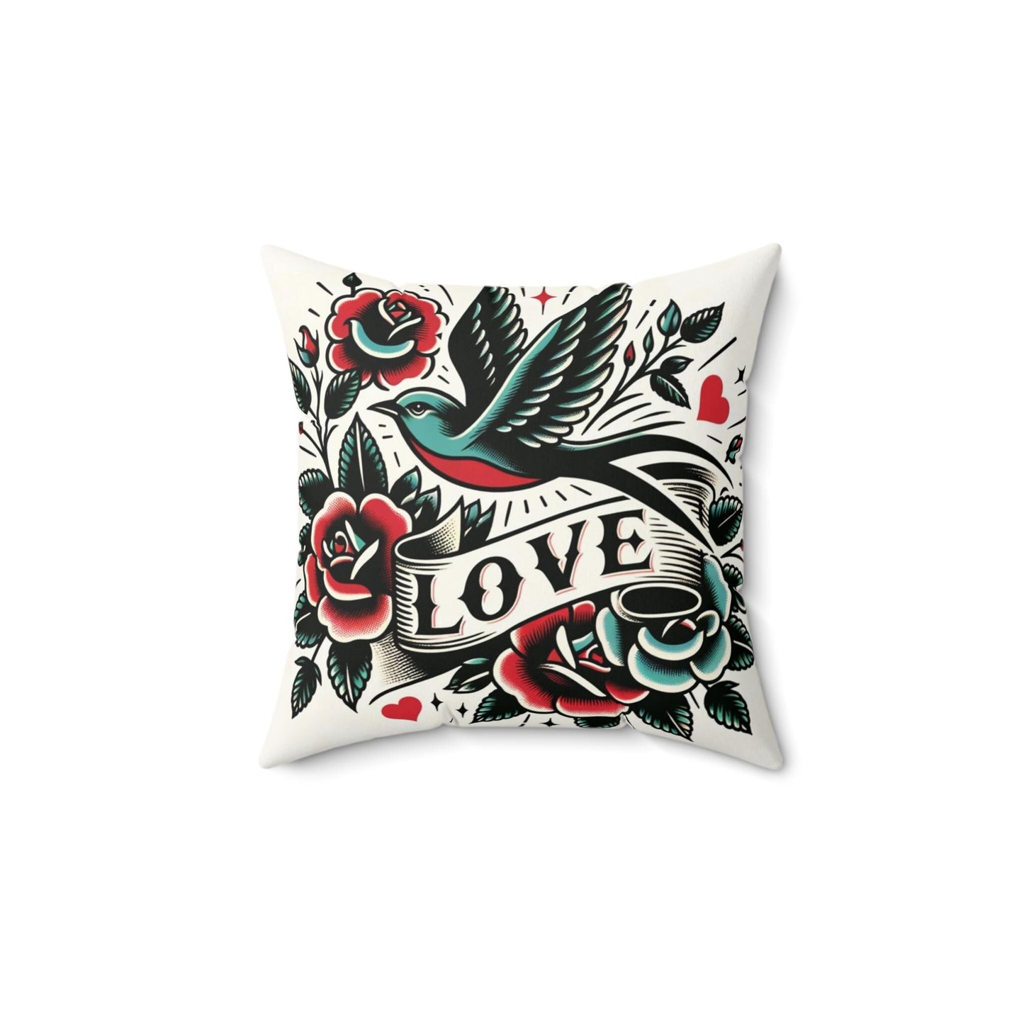 Square Pillow, Vintage Tattoo LOVE Design, Retro Charm, Housewarming Gift, Spun Polyester Cushion Cover, Tattoo Lover, Soft Throw Pillow