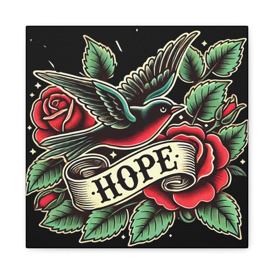 Bird Canvas Print, Vintage Tattoo HOPE Design, Nature Wall Art, Modern Decor, Housewarming Gift, Retro Warmth, Matte Canvas