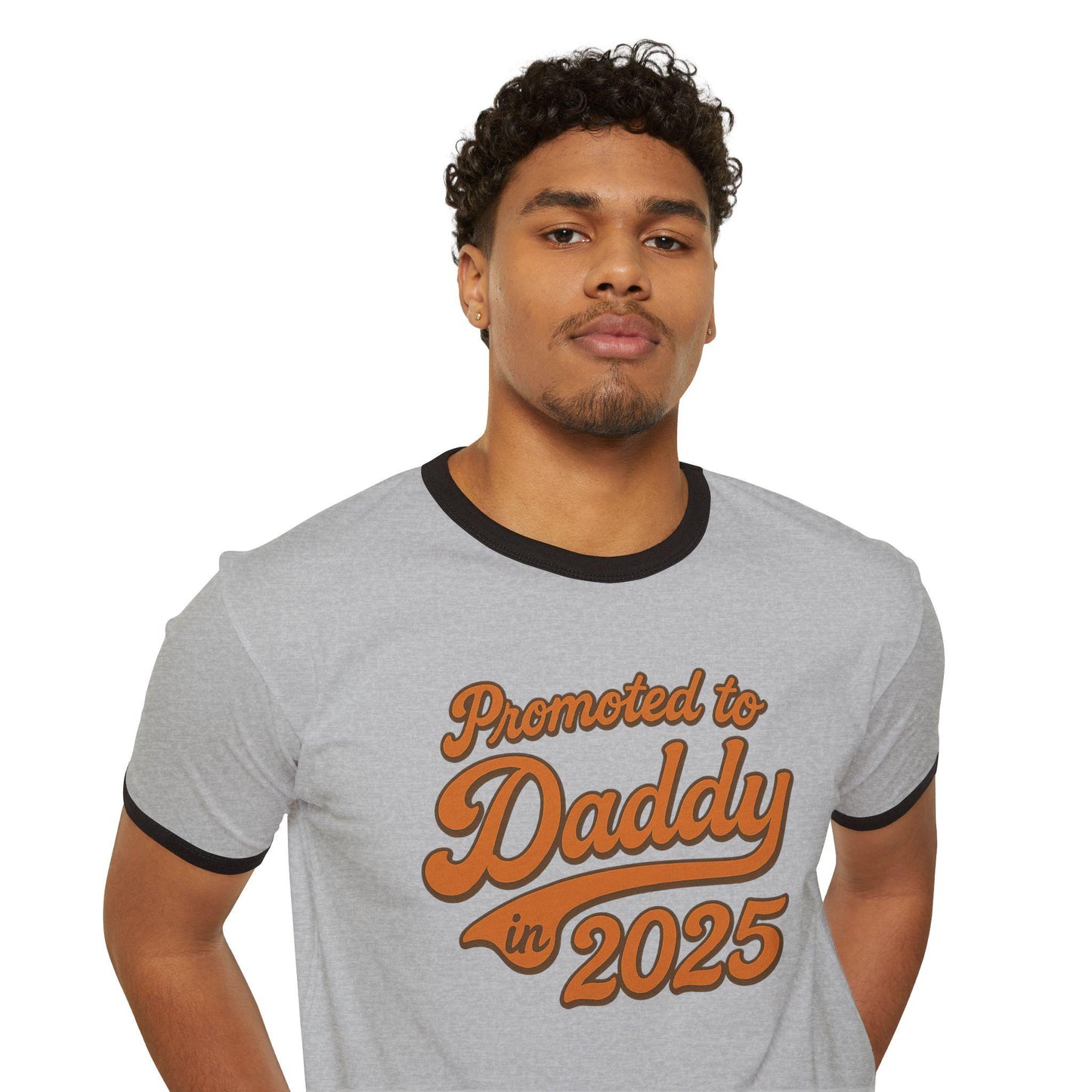 Customizable 'Promoted to Daddy 2025' Ringer T-Shirt, Father's Day Gift, New Dad Announcement Tee, Gender Reveal Shirt, Unisex Cotton Top