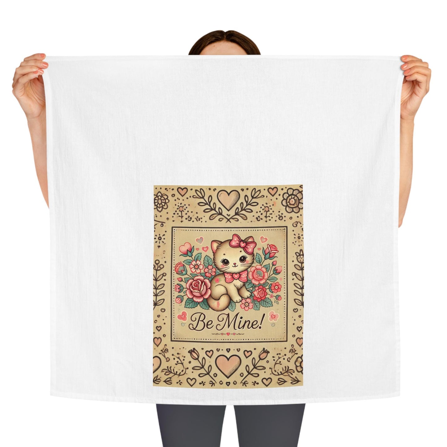 Valentine's Tea Towel - Cute Vintage-Style Kitten Be Mine Floral Design, Rustic Dish Towel, Holiday Farmhouse Kitchen Towel, Sweetheart Gift
