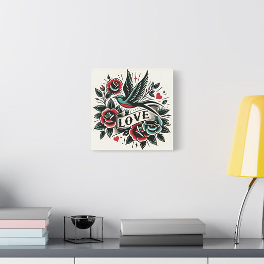 Bird Canvas Print, Vintage Tattoo LOVE Design, Nature Wall Art, Modern Decor, LGBT Housewarming Gift, Retro Warmth, Matte Canvas