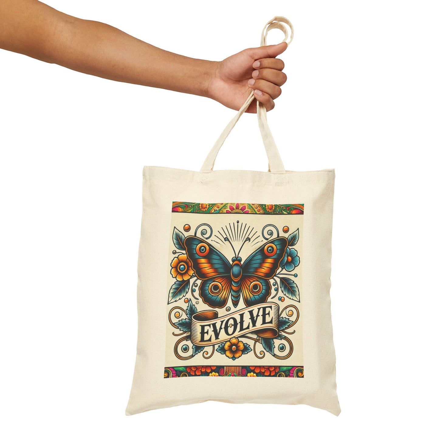 Butterfly Tote Bag, EVOLVE Vintage Tattoo Design, Durable Market Bag, Book Lover Gift, Reusable Grocery Bag, Eco-Friendly, Canvas Tote