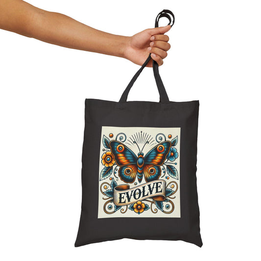 Butterfly Tote Bag, EVOLVE Vintage Tattoo Design, Durable Market Bag, Book Lover Gift, Reusable Grocery Bag, Eco-Friendly, Canvas Tote