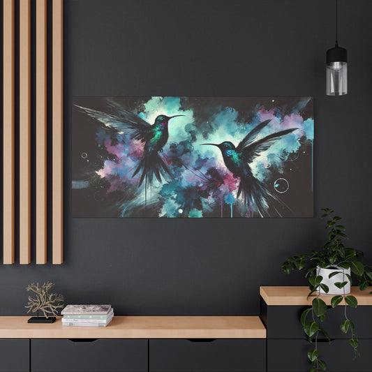 Matte Canvas Art Print, Original Abstract Watercolor NightBird Hummingbirds 2 Portrait, 7 Sizes, Modern Stately Home Decor