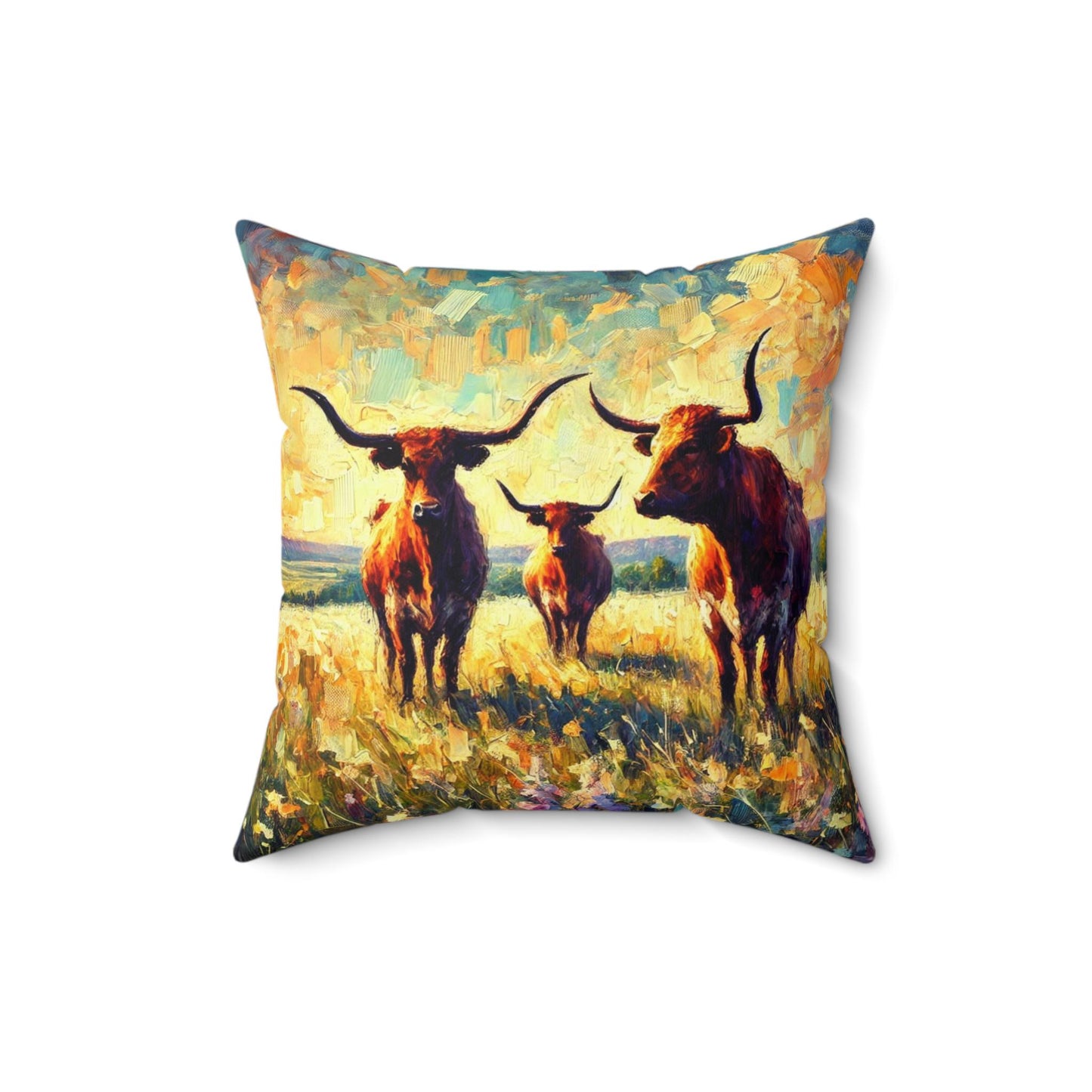 Square Pillow Modern Texas Hill Country Longhorn Design, Housewarming Gift, Rustic Charm, Soft Throw Pillow, Home Decor, Art Lover Gift