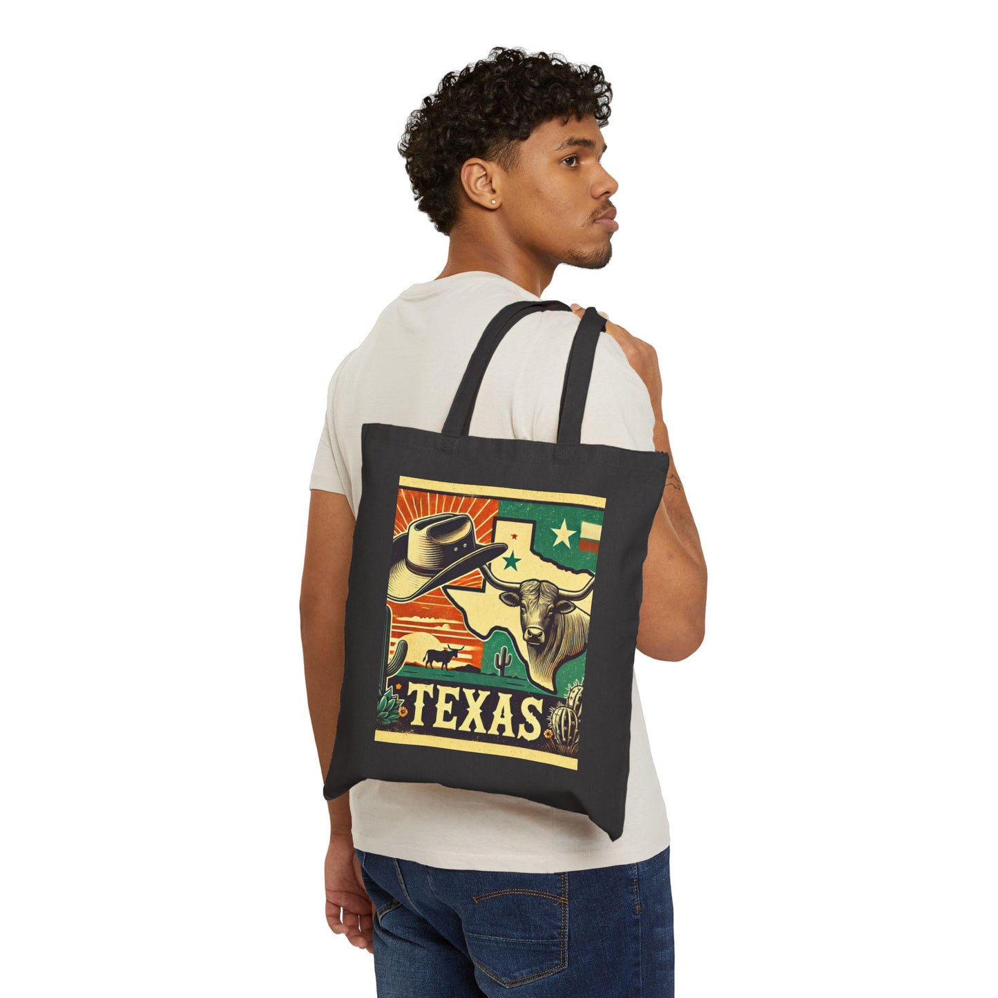 Texas Cotton Canvas Tote Bag, Texas Longhorn Design, Texas Tote, Reusable Grocery Bag, Shopping Bag