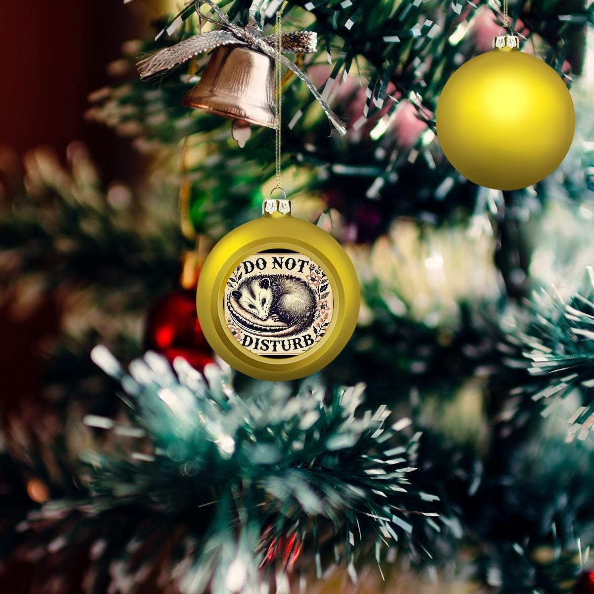 Ornament Set of 2 or 4, Festive Holiday Decor, Christmas Ball Decoration, Custom Possum Do Not Disturb Design, Funny Original Tree Trim