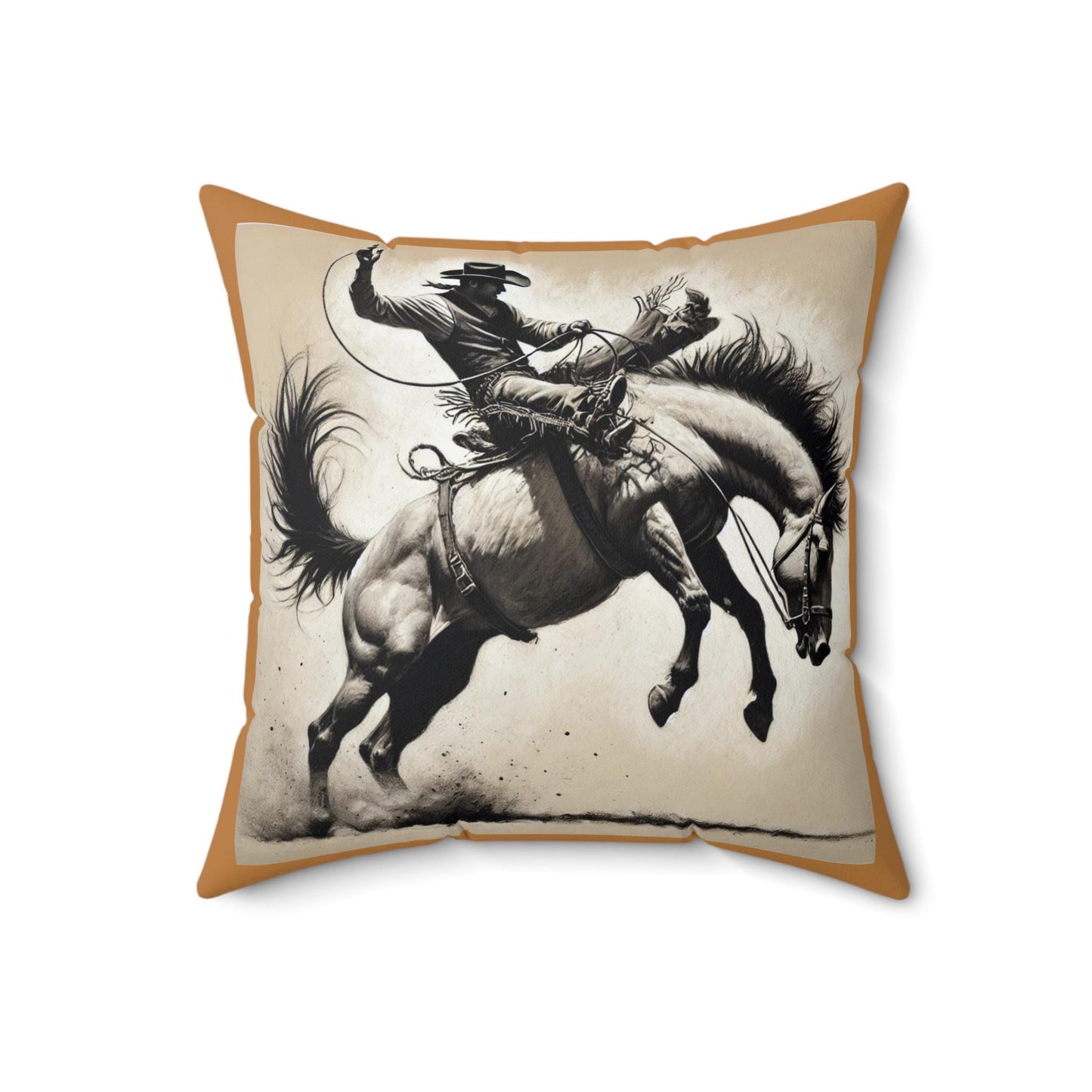 Square Throw Pillow, Charcoal Sketch Cowboy Bucking Bronco Original Design, Retro Western Charm, Rustic Home Decor Housewarming Gift