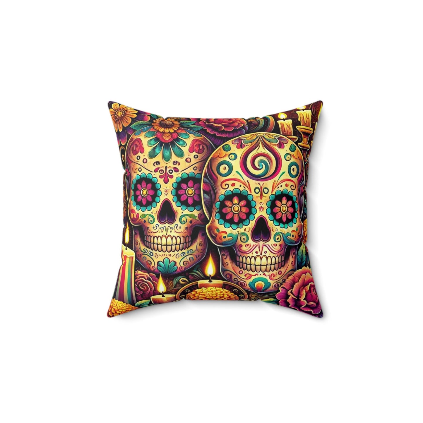 Day of the Dead Square Pillow, Sugar Skulls, Dia de los Muertos Decor, Halloween Pillow, Day of the Dead Gift, 14x14 Pillow