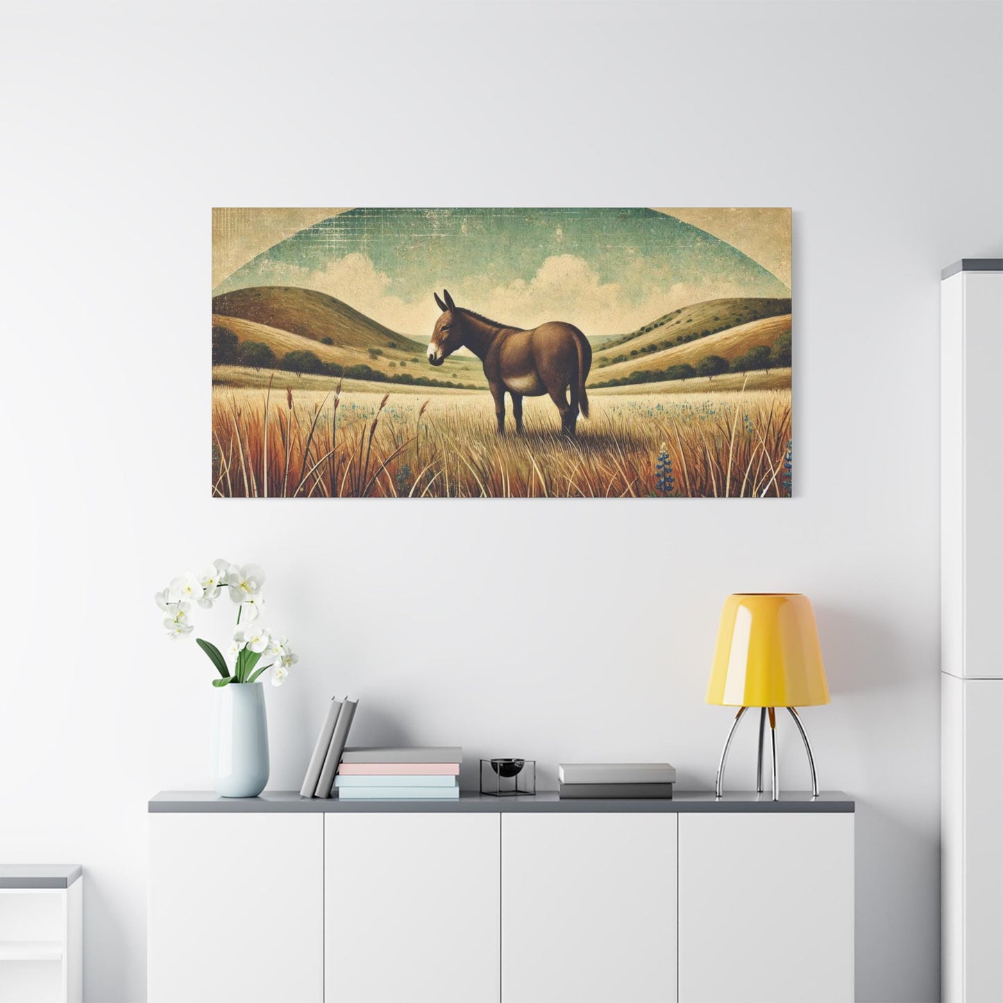 Original Primitive Folk Art Mule Canvas Print, Matte Stretched Art, 7 Sizes Available, Wall Decor, Landscape Painting, Home Office Decor