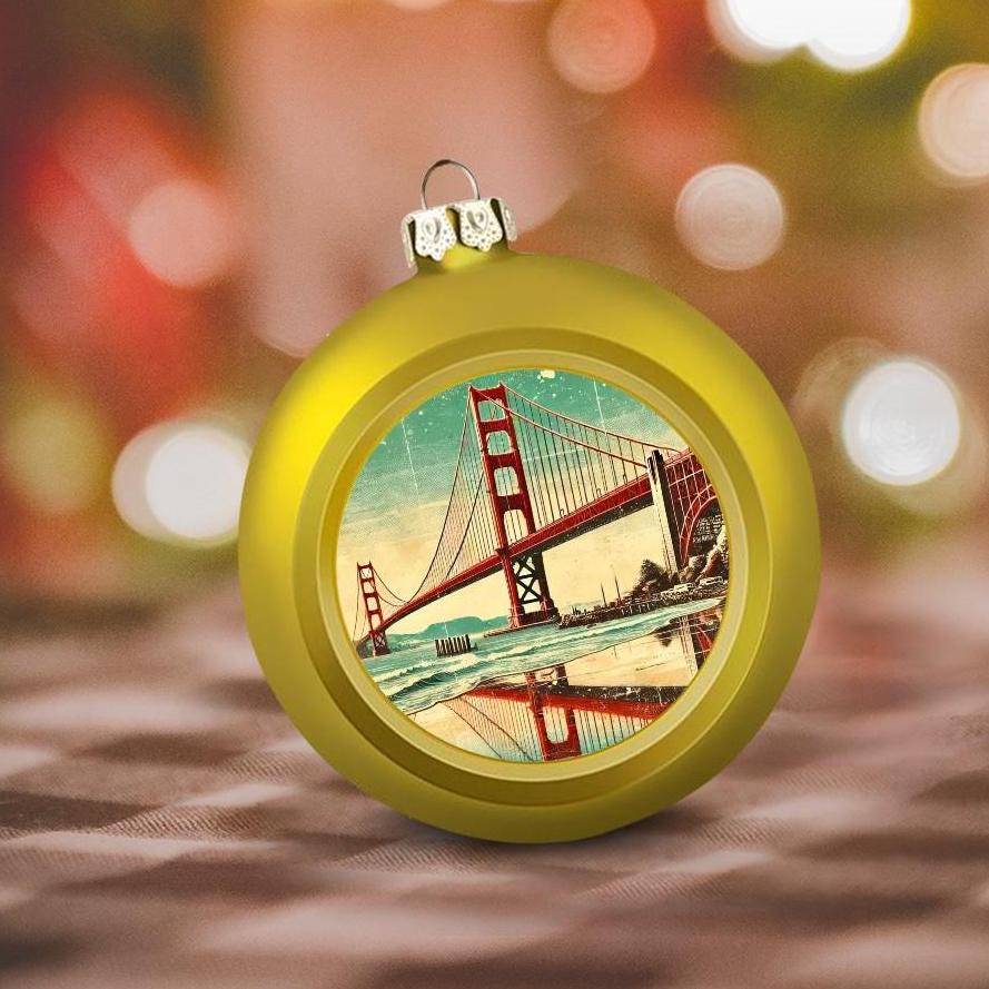 Ornament Set of 2 or 4, Festive Holiday Decor, Christmas Ball Decoration, Custom Golden Gate Bridge Design, San Francisco California Gift