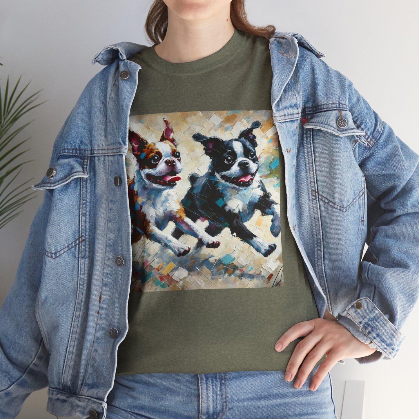 Dog Tee, Boston Terrier Impressionist Design, Boston Dog Lover Gift, Graphic Top Unisex Heavy Cotton T-shirt, 7 Colors 8 Sizes