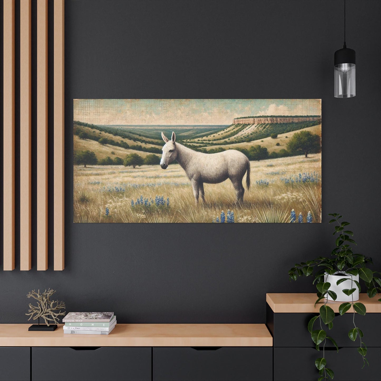 Original Primitive Folk Art Mule Canvas Print, Matte Stretched Art, 7 Sizes Available, Wall Decor, Landscape Painting, Home Office Decor